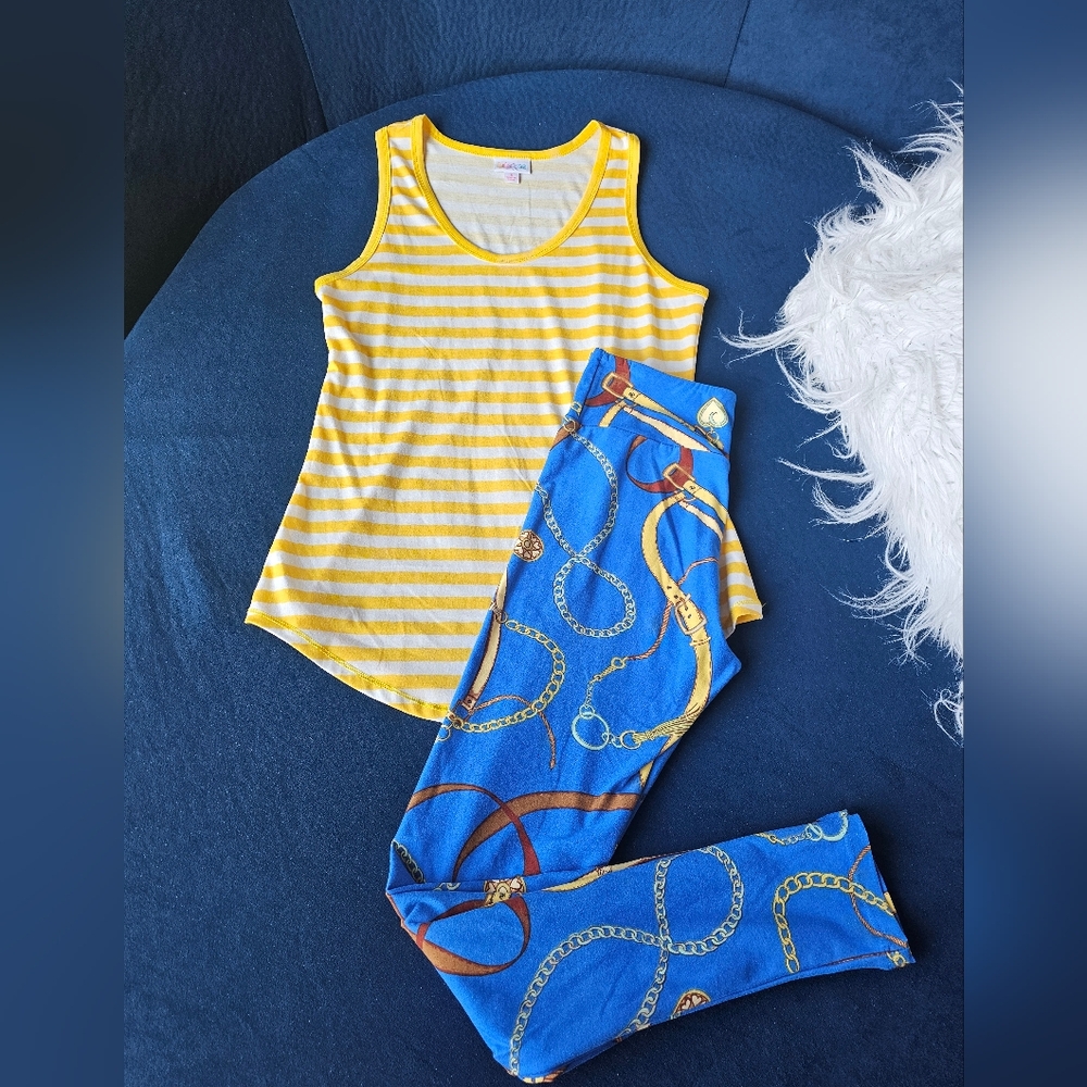 LuLaRoe Yellow Striped Tank and Blue Belt/Chain Link OS Leggings